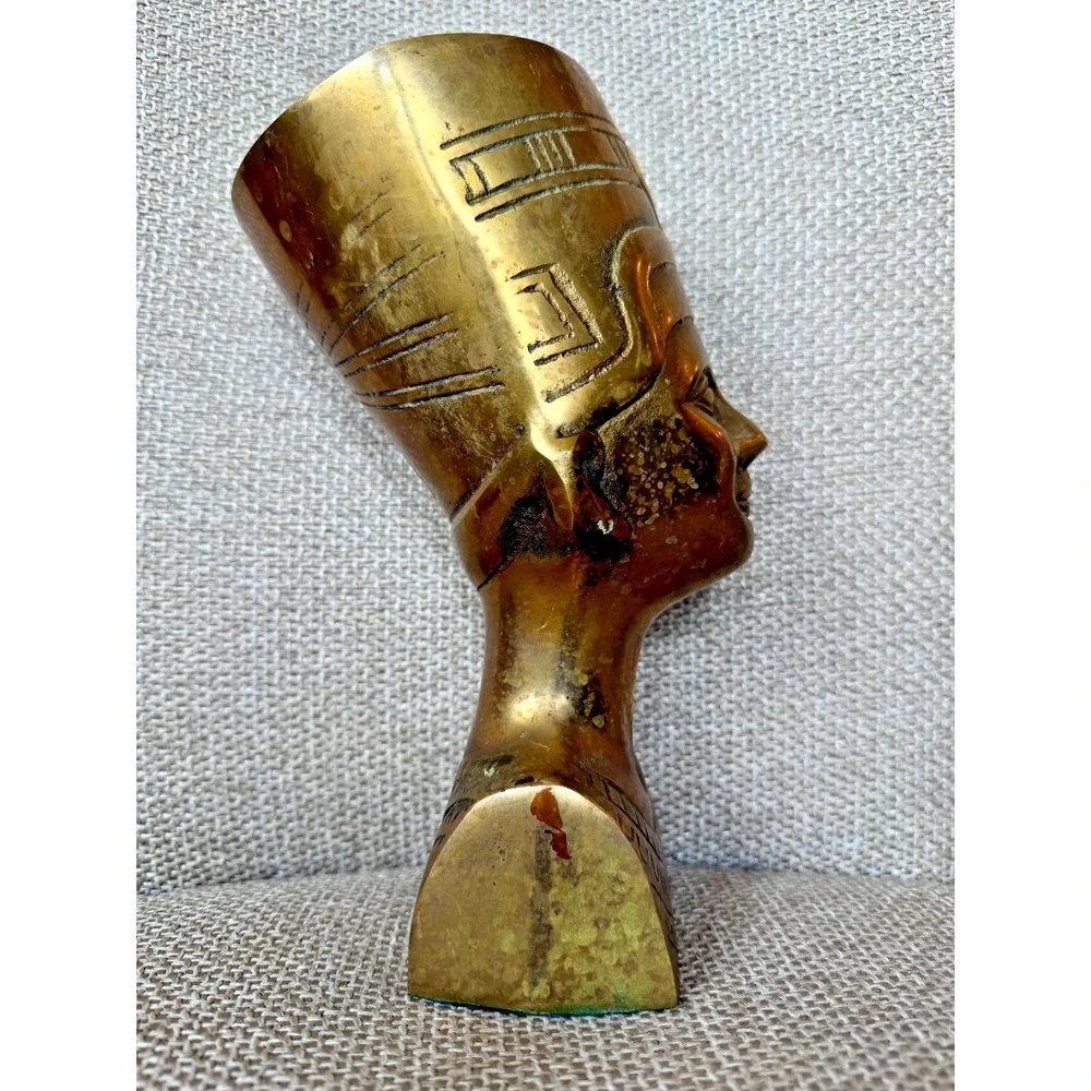 Vintage 1970s Brass Nefertiti Bust Egyptian Revival Statue 9